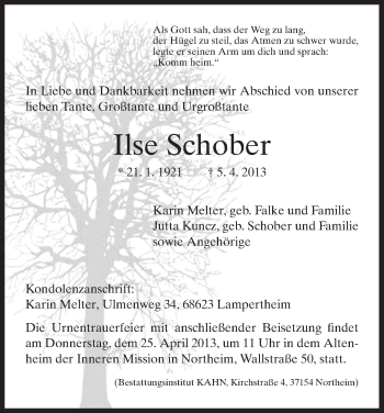 Todesanzeige von Ilse Schober von HNA