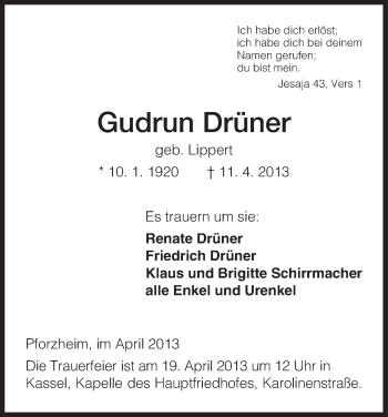 Todesanzeige von Gudrun Drüner von HNA