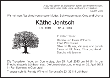 Todesanzeige von Käthe Jentsch von HNA
