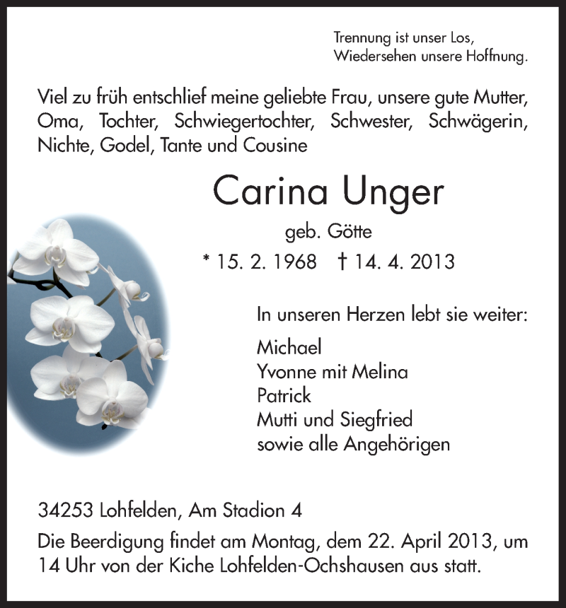  Traueranzeige für Carina Unger vom 19.04.2013 aus HNA