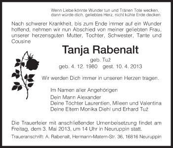 Todesanzeige von Tanja Rabenalt von HNA