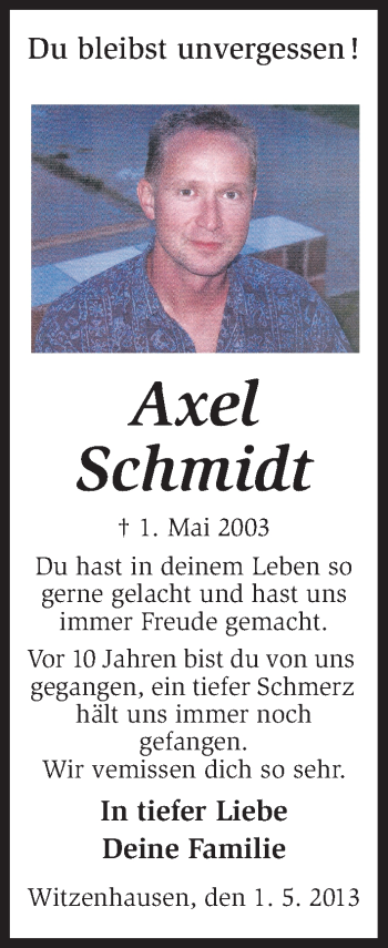 Todesanzeige von Axel Schmidt von HNA