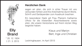 Todesanzeige von Elly Brand von HNA