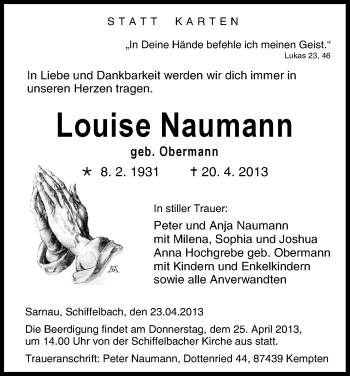 Todesanzeige von Louise Naumann von HNA