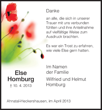 Todesanzeige von Else Homburg von HNA
