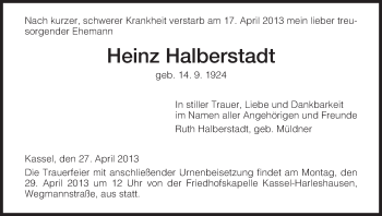 Todesanzeige von Heinz Halberstadt von HNA