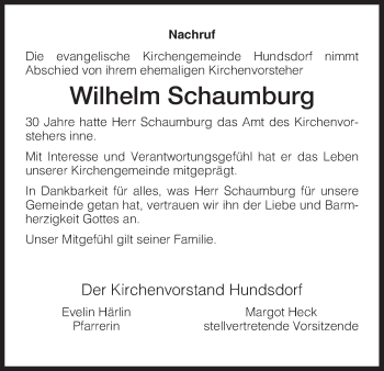Todesanzeige von Wilhelm Schaumburg von HNA