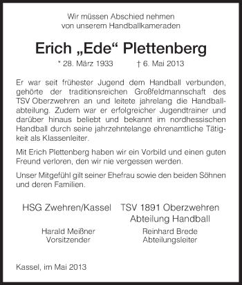 Todesanzeige von Erich Plettenberg von HNA