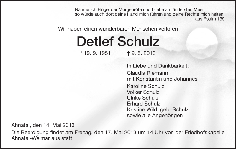  Traueranzeige für Detlef Schulz vom 14.05.2013 aus HNA