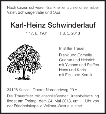 Todesanzeige von Karl-Heinz Schwinderlauf von HNA