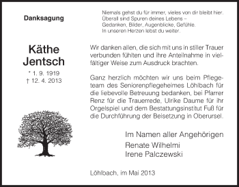 Todesanzeige von Käthe Jentsch von HNA