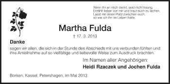Todesanzeige von Martha Fulda von HNA