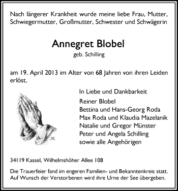 Todesanzeige von Annegret Blobel von HNA