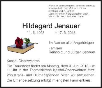 Todesanzeige von Hildegard Jenauer von HNA