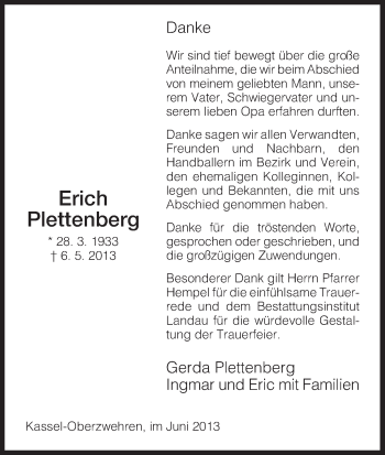 Todesanzeige von Erich Plettenberg von HNA