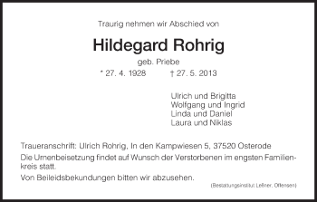 Todesanzeige von Hildegard Rohrig von HNA