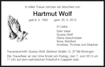 Todesanzeige von Hartmut Wolf von HNA