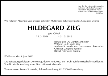Todesanzeige von Hildegard Zieg von HNA