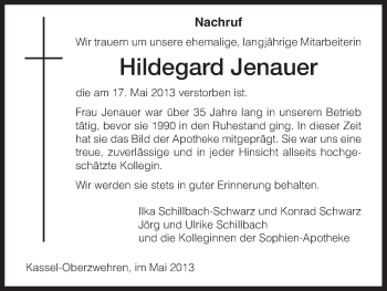 Todesanzeige von Hildegard Jenauer von HNA