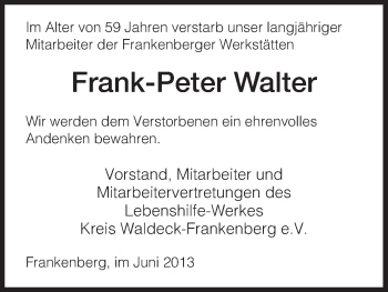 Todesanzeige von Frank-Peter Walter von HNA