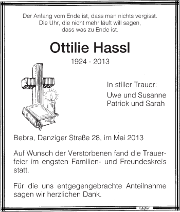 Todesanzeige von Ottilie Hassl von HNA