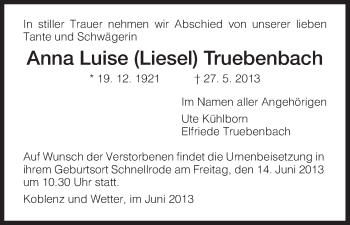Todesanzeige von Anna Luise Truebenbach von HNA
