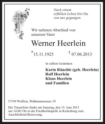 Todesanzeige von Werner Heerlein von HNA