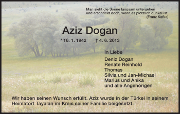 Todesanzeige von Aziz Dogan von HNA
