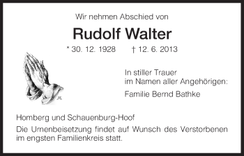 Todesanzeige von Rudolf Walter von HNA