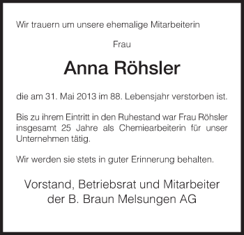Todesanzeige von Anna Röhsler von HNA