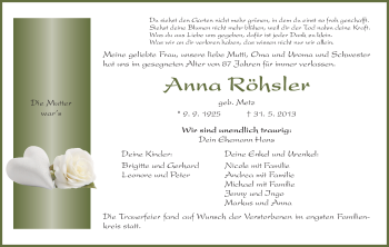 Todesanzeige von Anna Röhsler von HNA