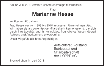 Todesanzeige von Marianne Hesse von HNA