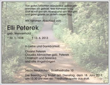 Todesanzeige von Elli Peterek von HNA