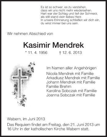 Todesanzeige von Kasimir Mendrek von HNA