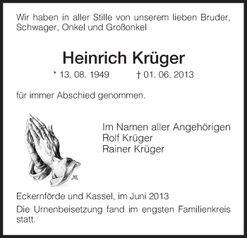 Todesanzeige von Heinrich Krüger von HNA