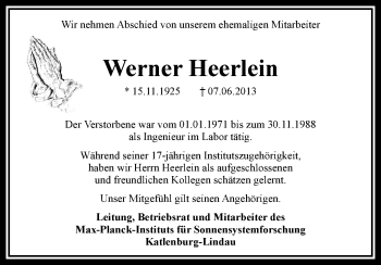 Todesanzeige von Werner Heerlein von HNA