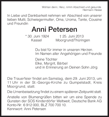 Todesanzeige von Anni Petersen von HNA