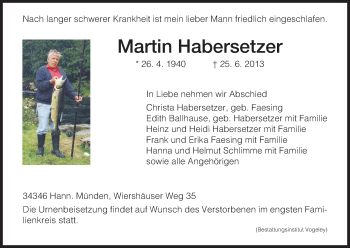 Todesanzeige von Martin Habersetzer von HNA