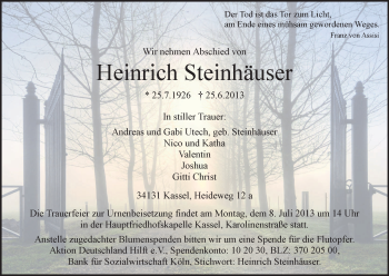 Todesanzeige von Heinrich Steinhäuser von HNA