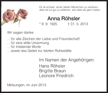 Todesanzeige von Anna Röhsler von HNA