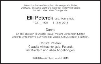 Todesanzeige von Elli Peterek von HNA