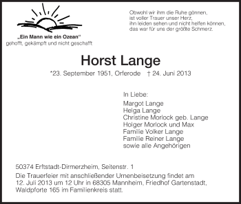 Todesanzeige von Horst Lange von HNA