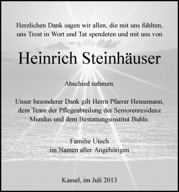 Todesanzeige von Heinrich Steinhäuser von HNA