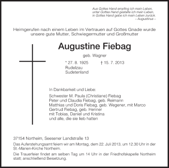 Todesanzeige von Augustine Fiebag von HNA