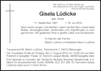Todesanzeige von Gisela Lüdicke von HNA