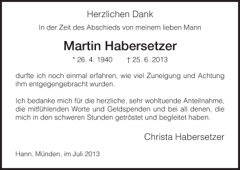 Todesanzeige von Martin Habersetzer von HNA