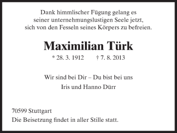 Todesanzeige von Maximilian Türk von HNA