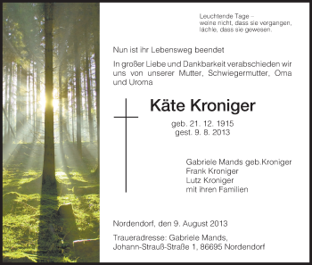 Todesanzeige von Käte Kroniger von HNA