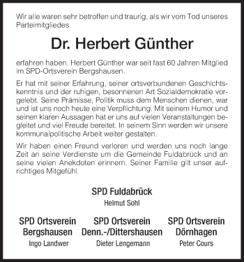 Todesanzeige von Herbert Günther von HNA
