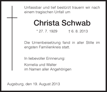 Todesanzeige von Christa Schwab von HNA